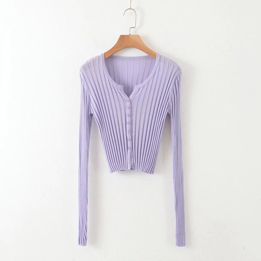 CHIC French Knitting Stripe Line Through Crop Knit Cardigan Sweater Retro Woman Small V neck Split Long Sleeve Jumper Knitwear 210429