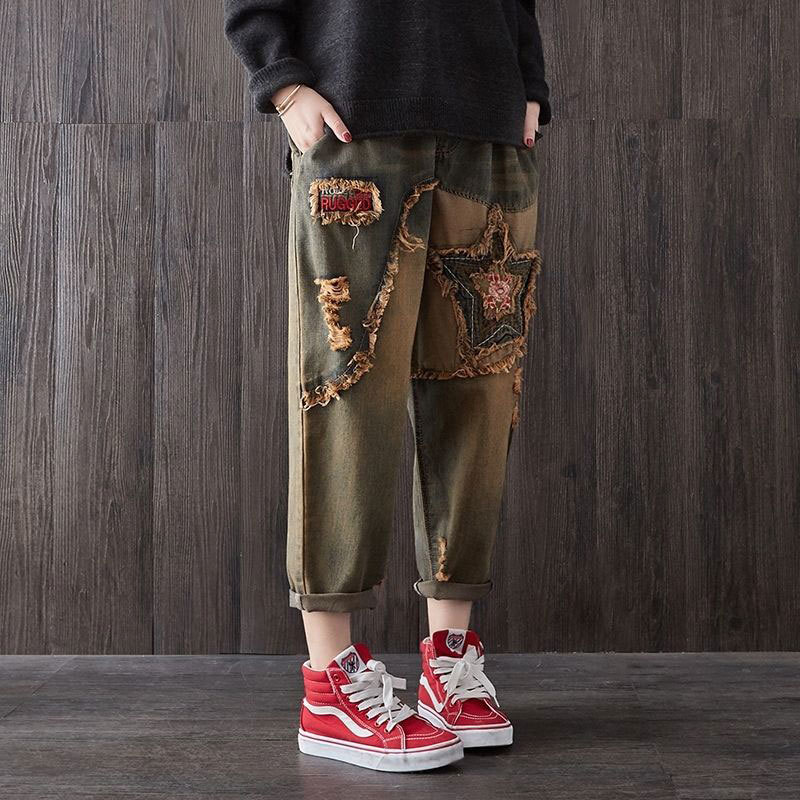 Spring Vintage Patchwork Embroidery Women Jeans Hole Ripped Medium Loose Harem Denim Pants Female Cotton Elastic Waist D97 210512