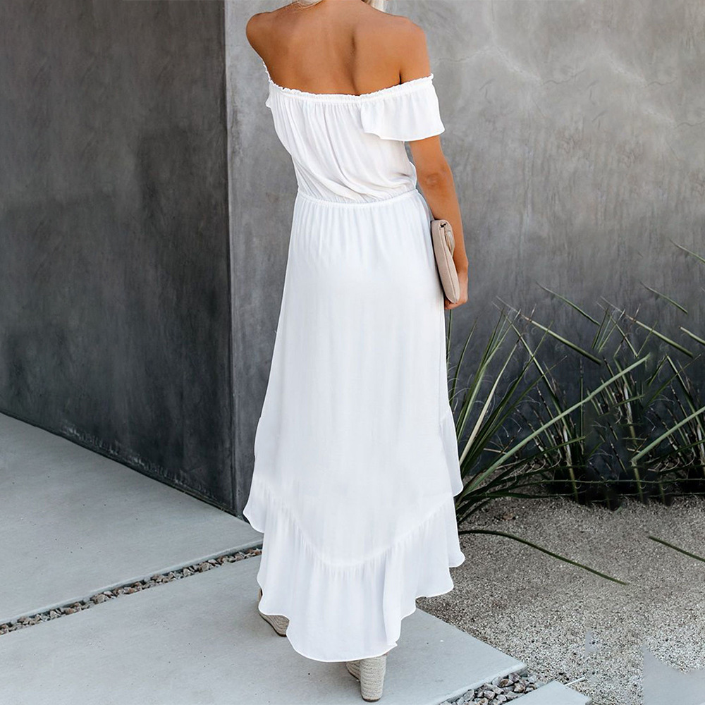 Women Dress Slash Neck Asymmetry Drawstring Bandage Black White Green Plus Size Off Shoulder Summer Dresses 210513