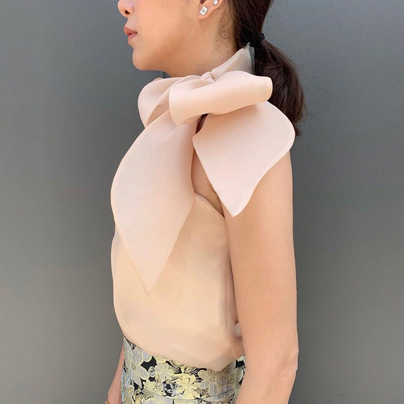 Lace Up Bowknot Casual Shirt For Women Stand Collar Sleeveless Minimalist Blouse Female Fashion Clothing 210524