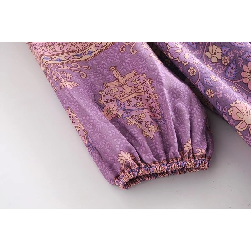 Bohemia Bandage Lacing up Collar Lavender Floral Print Dress Ethnic Woman Hit Color Long Sleeve Maxi Holiday Dresses 210429