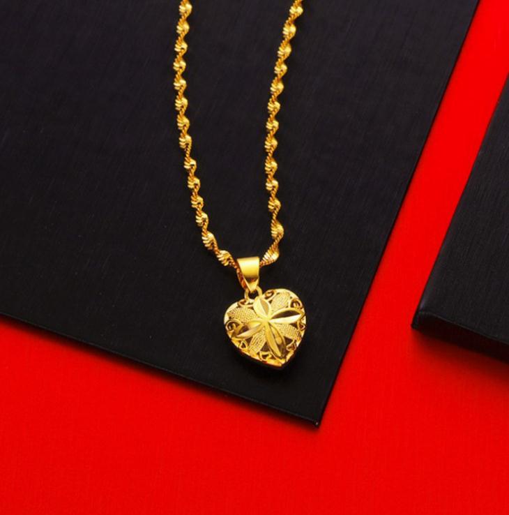 Classical Women Jewelry Real 18 K Gold&heart Design Pendant Necklace 16-30 Inch Water Wave Chain