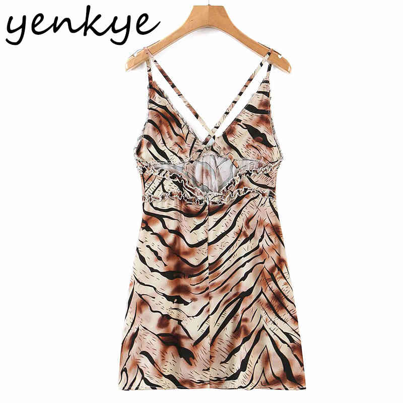 Vintage Animal Print Sexy Sling Dress Women Backless V Neck A-line Short Sundress Clothes Female Summer Night Out Vestido 210430