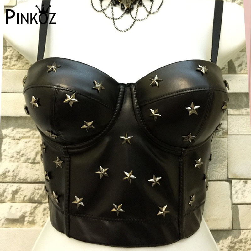 Sexy Club Women Star Rivet Bra Strapless Bralette Crop Top Performance Ball Female PU 210421