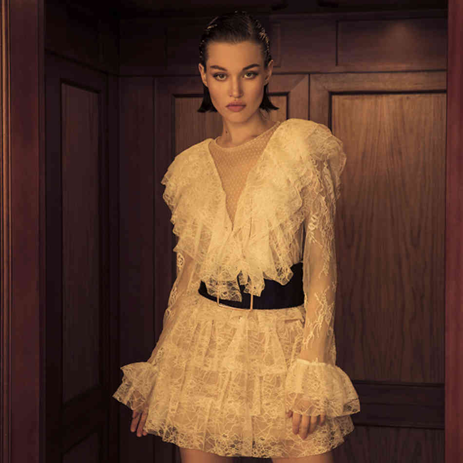 Black Lace Mini Fashion Women's Summer Dress Sexy Long Sleeve Sashes Evening Runway Club Party Outfit Lady 210423