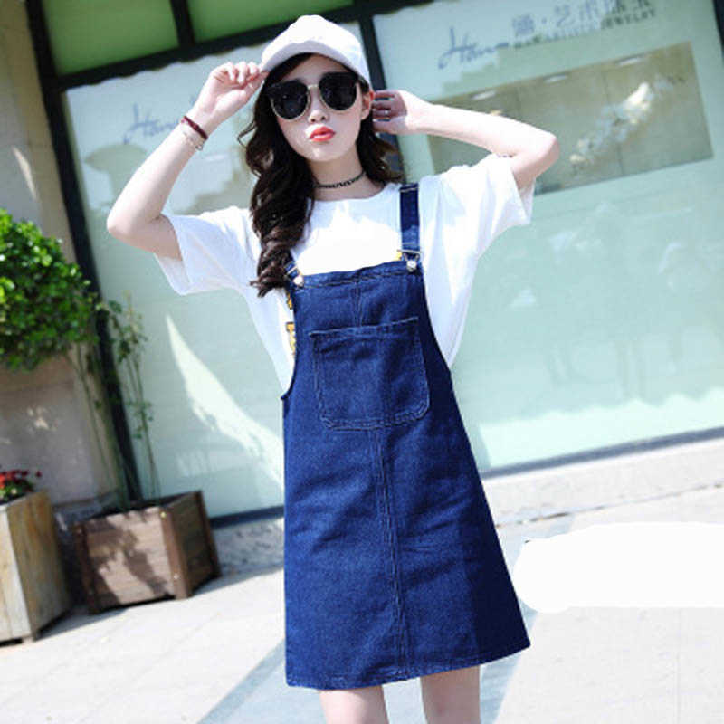 Blue Big Pocket Adjustable Strap Jeans Dress Summer Lady Korean Vest All-match Girl Student Loose A-line Short Denim 210604