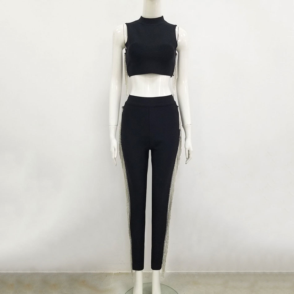 Free Women Bandage Costume Set Black Sexy O-neck Sleeveless Fringed Short Top & Pants Two-piece Club Party 210524