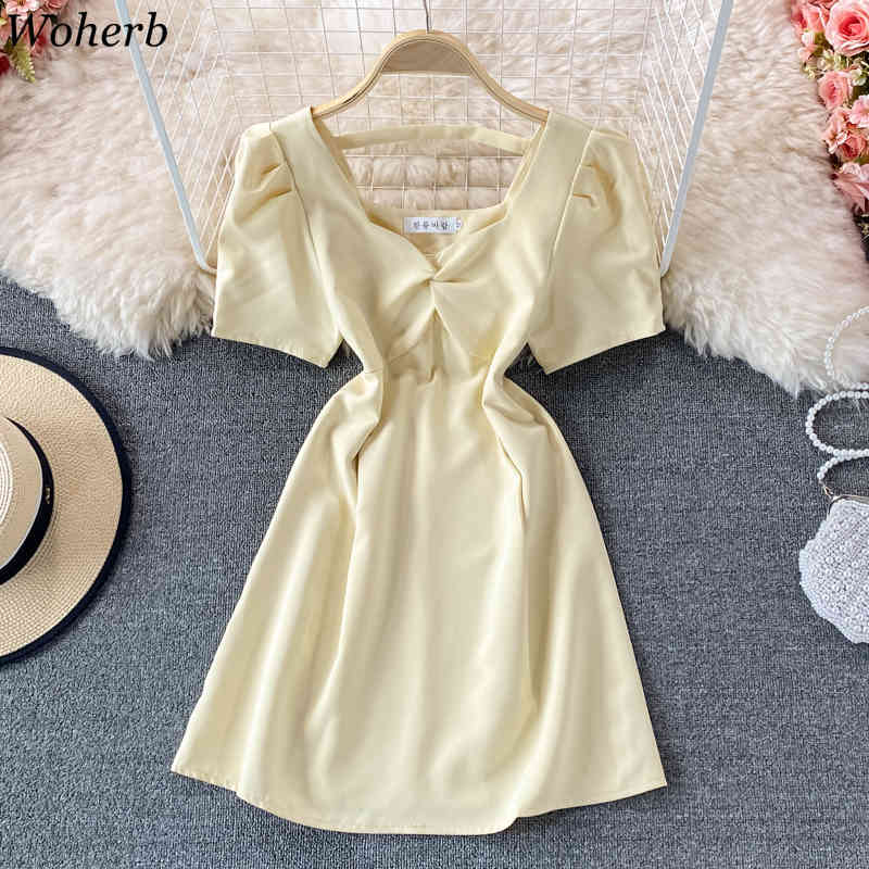 Summer Elegant Square Collar Dress Women Short Puff Sleeve Mini Dresses Sexy Party Korean Robe Femme 210519