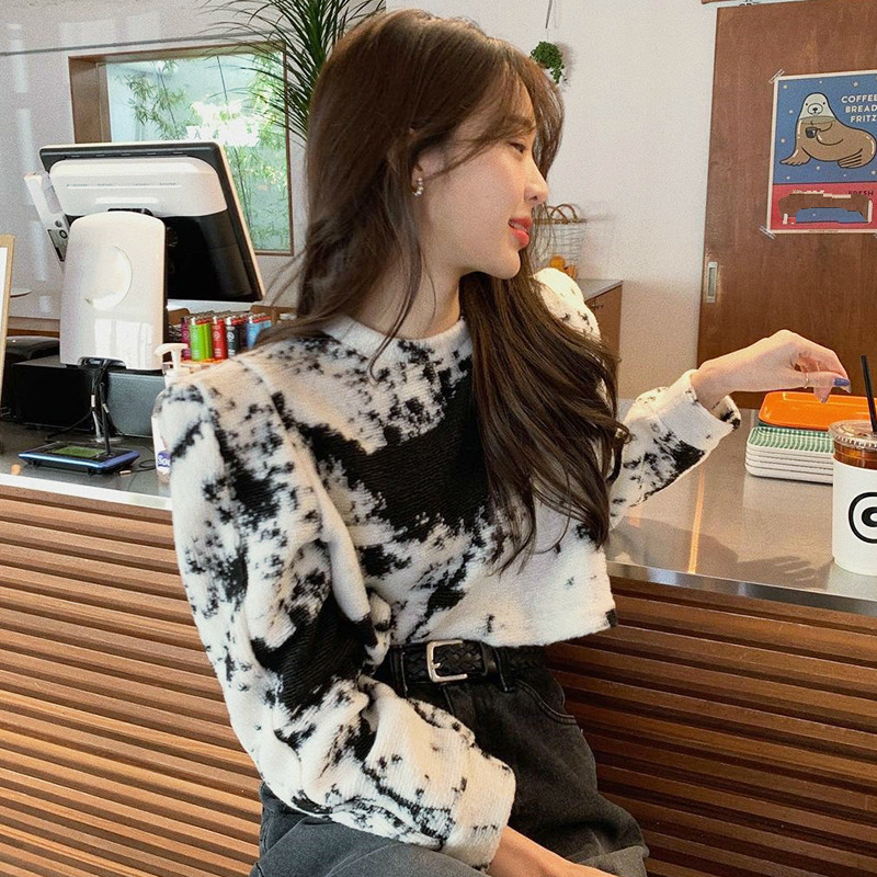 Nomikuma Korean Ink Tie-dye Printing Pullover Short Sweatshirt Long Sleeve O-neck Hoodies Autumn Winter Women Jumper 6D438 210427