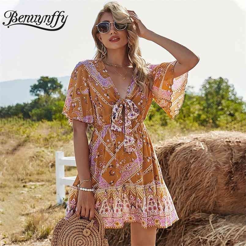 Deep V-neck Butterfly Sleeve Bow Tie Printed Dresses Women Vacation Casual High Waist Short A-Line Summer Dress 210510