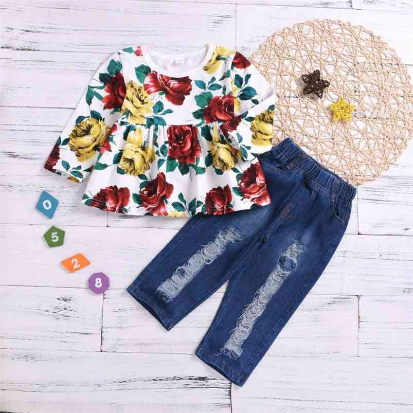 Winter Children Sets Casual Long Sleeve Print Floral Dresses Denim Pants with Holes 2Pcs Girls Clothes 12M-6T 210629, Blue
Winter Children Sets Casual Long Sleeve Print Floral Dresses Denim Pants with Holes 2Pcs Girls Clothes 12M-6T 210629, Blue