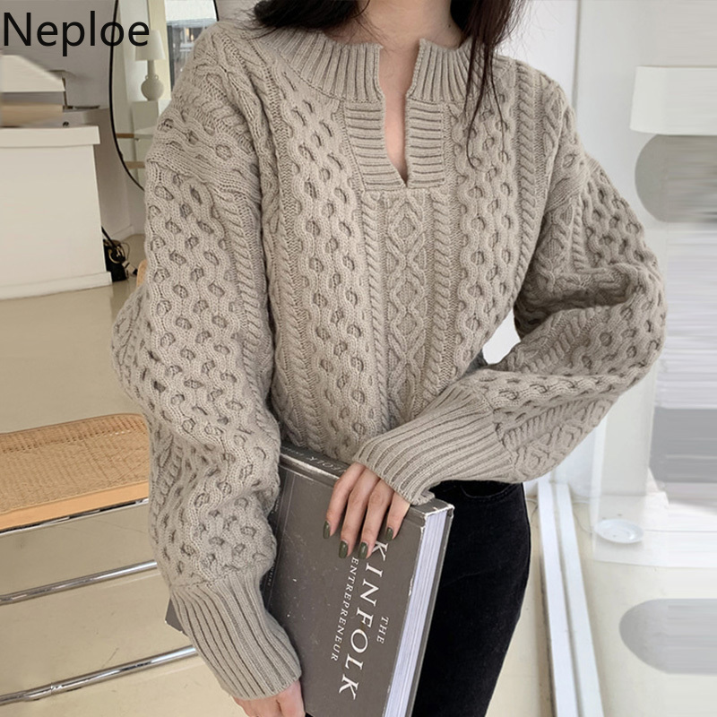 Neploe Korean Chic Woman Sweaters Fall Women Clothes V-neck Heavy Ribbed Knit Pullovers Loose Sweet Puff Slleve Jumper Coat 210422