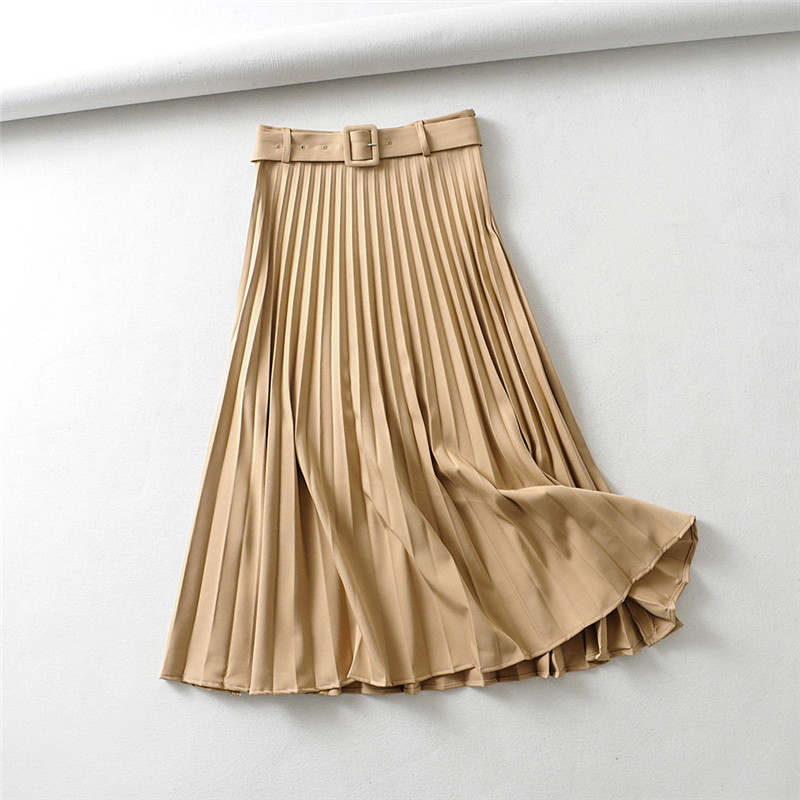 Women Pleated Skirt With Belt High Waist Elegant Vintage A-line Midi Skirts Female 210508