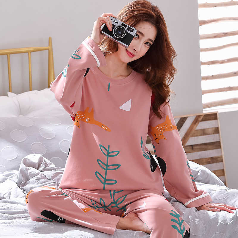 Autumn Winter Cotton Cartoon Pajamas Set Women Pyjamas Homewear Long sleeve Sleepwear Plus size Home Clothes Night suit Female 210924