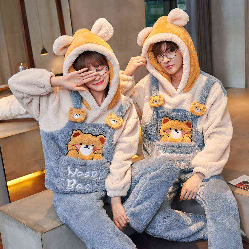 Couples Pajamas Sets Women Men Winter Thicken Pyjamas Sleepwear Cartoon Dinosaur Korean Lovers Homewear SoftWarm Pijama Hoodies 211118
