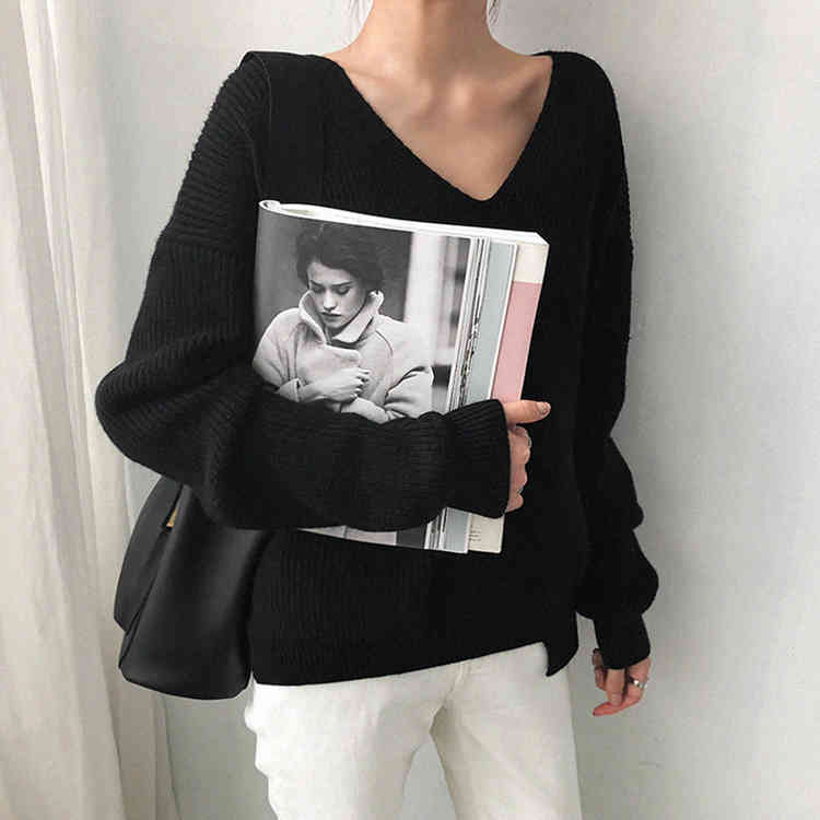 Autumn Winter Women's Sweaters V-Neck Minimalist Tops Korean Style Chic Knitted Casual Lazy Loose Sweater For Women 210521