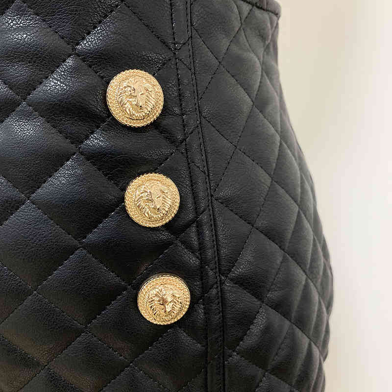 Gold Button Pu Leather Skirt For Women High Waist A Line Office Ladies Style Skirts Female Spring Fashion 210521