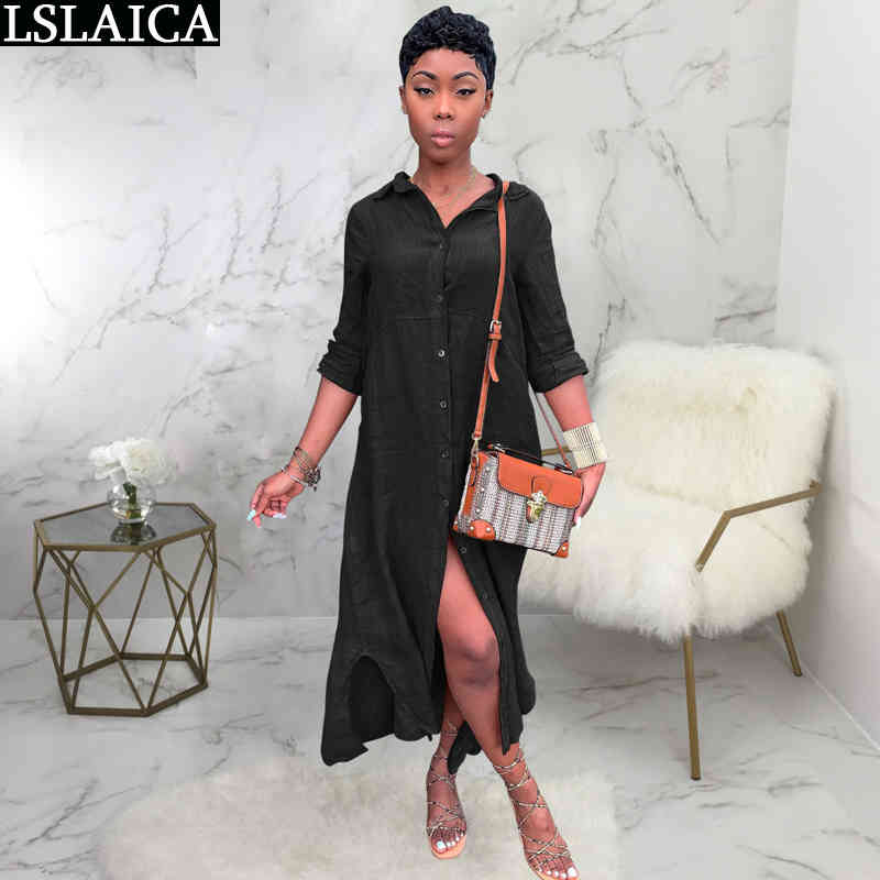Woman Dress Long Sleeve Solid Loose Shirt Collar Summer Button Elegant Fashion es Women Streetwear Vestido De Mujer 210515