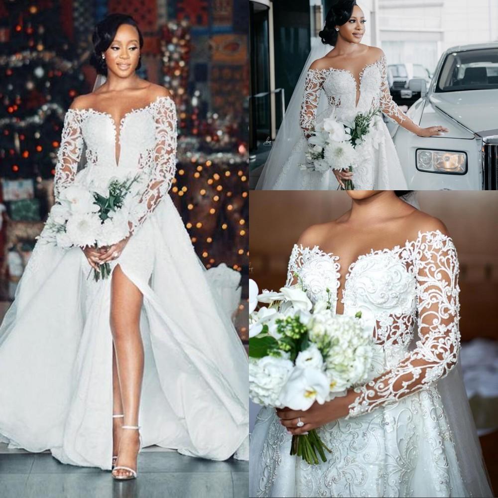 Designer Long Sleeves Wedding Dresses Bridal Gown With Overskirt Off The Shoulder Side Slit Tulle Beaded Lace Applique Pearls Custom Made Plus Size Ve