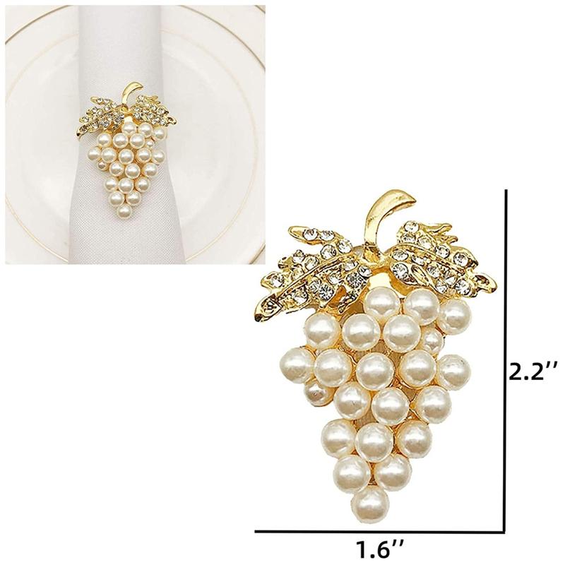 Napkin Rings Grapes Set Of 6, With Glittering Imitation Diamond And Pearls Inlay Alloy Ring Holder