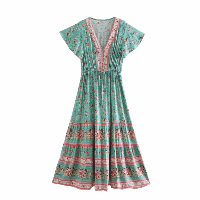 3 COLORS BOHO Buttons V neck Floral print Bohemia Dress Summer Ethnic Woman Short Sleeve Tie Bow Strappy Maxi Long Dresses 210429