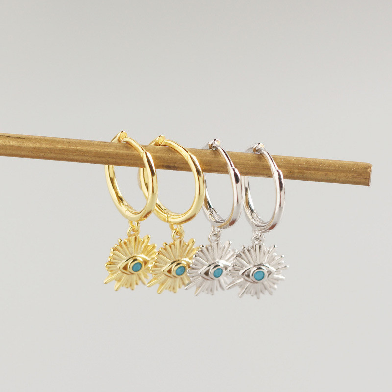 WANTME Geometric Round Real 925 Sterling Silver Blue Zircon Demon Eye Stud Earrings for Women Evil Eyes Ear Hoop Jewelry 210507