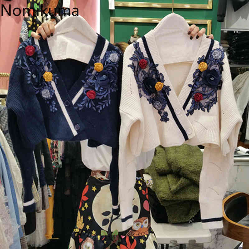 Nomikuma Autumn Korean Knit Cardigan Floral Embroidery Long Sleeve V-neck Sweater Coat Causal Short Knitwear Jacket 6D069 210427