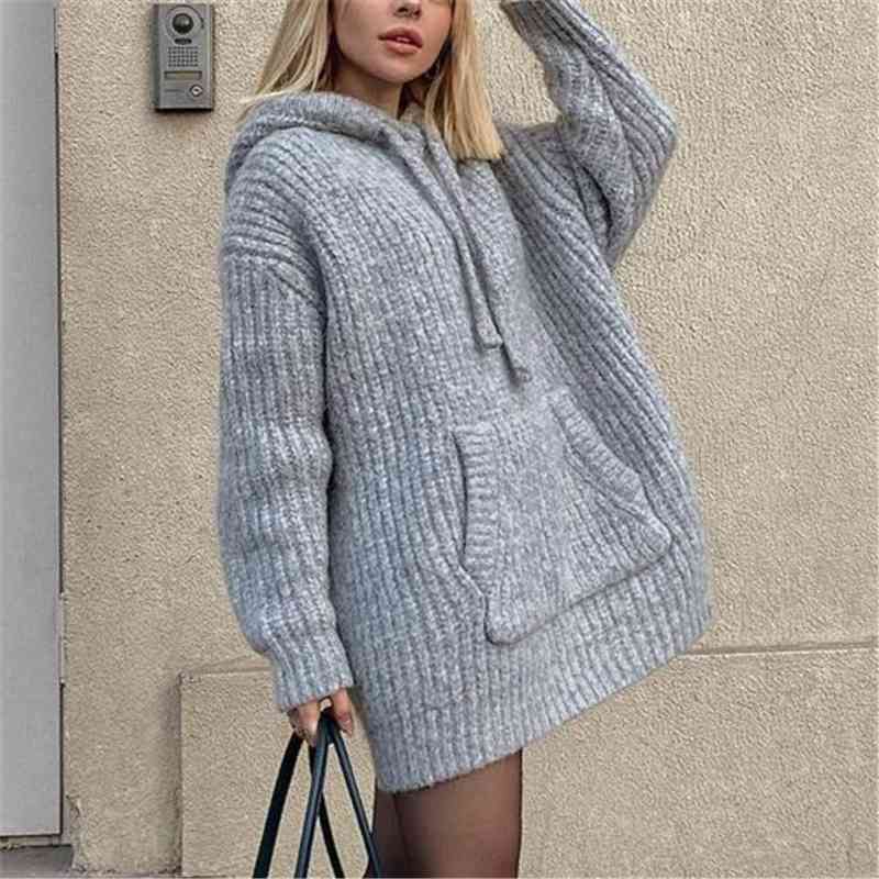 Streetwear Women Grey Loose Knit Hoodies Fashion Ladies Pocket Knitted Tops Causal Female Chic Oversize Pullovers 210430