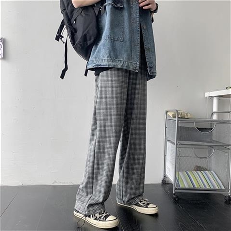 Wonder Spring Casual Pant Straight Plaid Vintage Wide Leg Korean Streetwear Long Trousers Bottom 210510