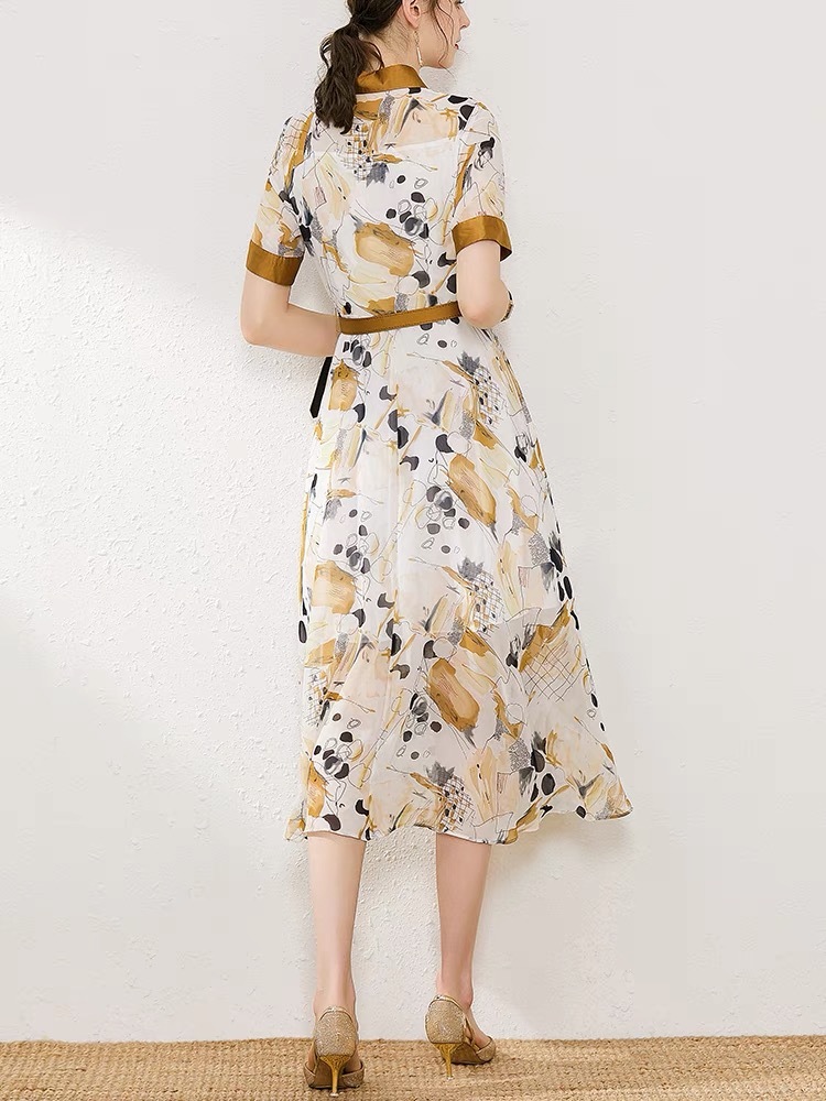 elegant turn down collar summer short sleeve high waist dress for women fashion printed single breasted A-line robe z 210421