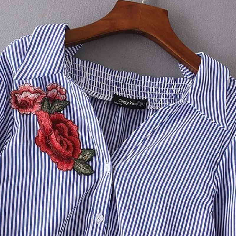 Fashion Women Flower Embroidery patch Striped Shirts Long sleeve Blouses Casual Loose Tops chemise femme blusas S1711 210430