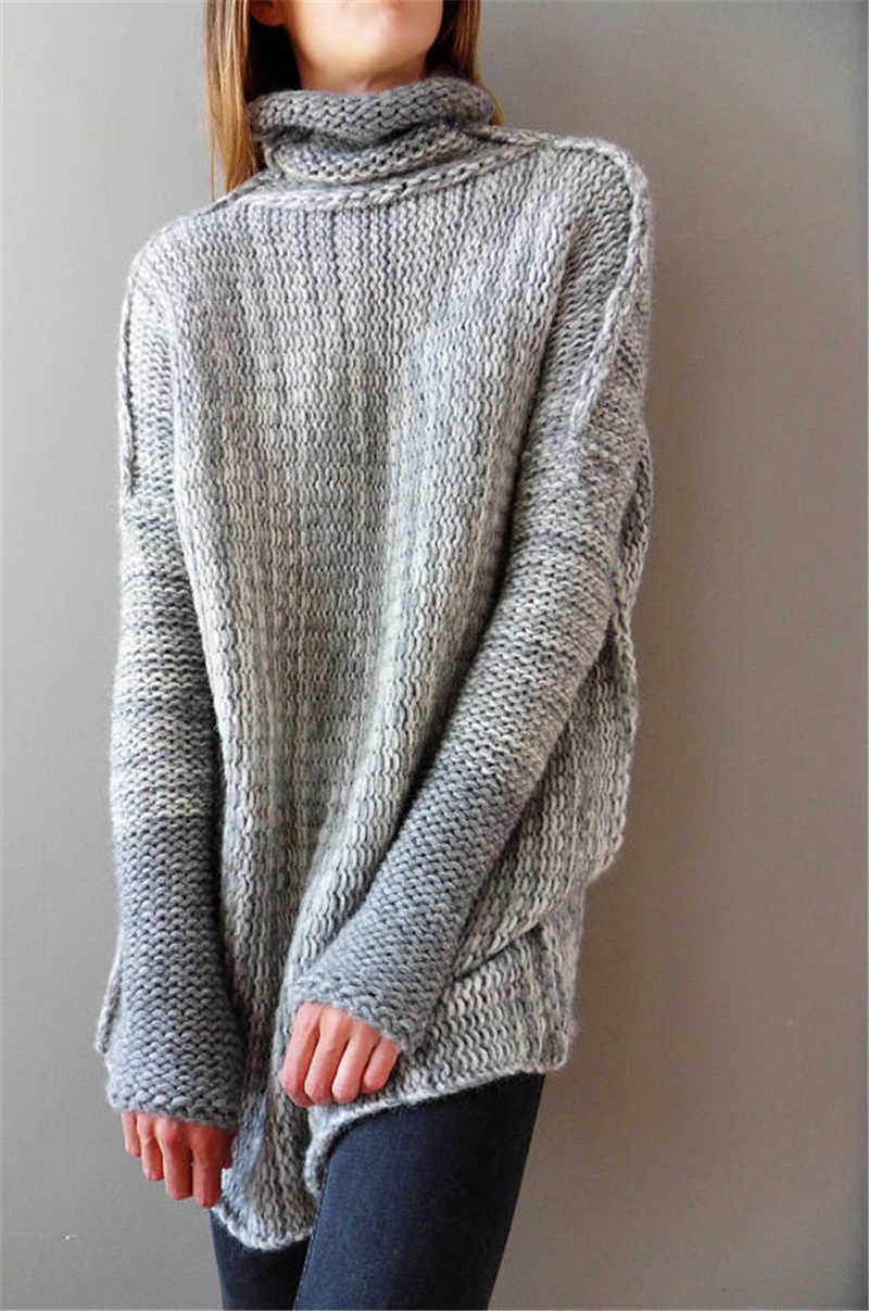 Qooth Office Lady Fashion Turtleneck Sweater Womens Autumn Winter Long-Sleeved Mid Length Loose Pullover QT673 210609