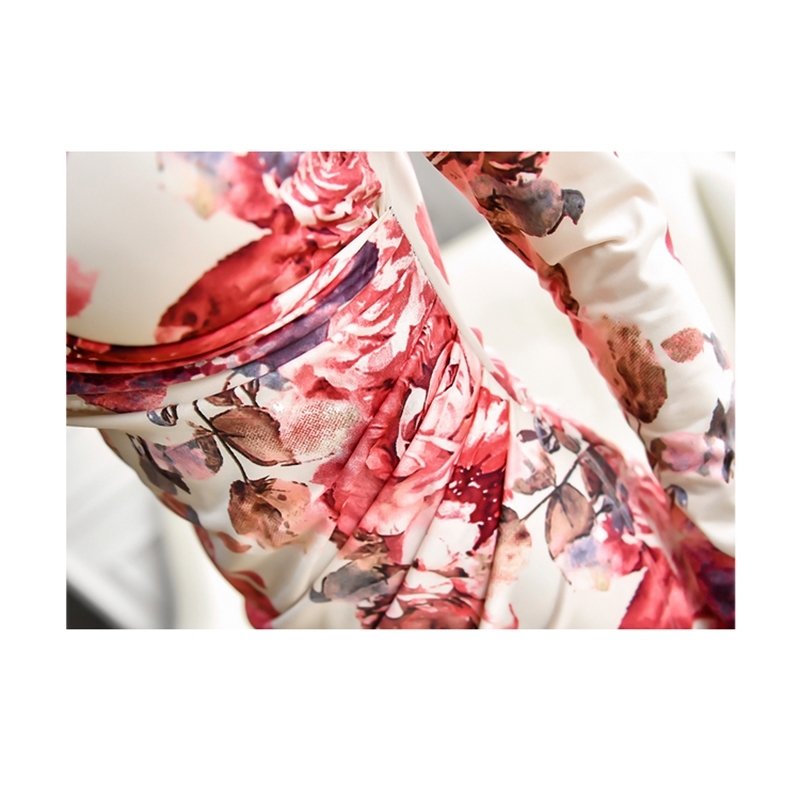 Sexy Print Flower Floral Long Sleeve Spring Dress Women Pencil Ruched Sheath Bodycon Fitted Vestidos 210519