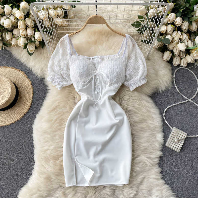 DEAT Women Embroidery Sequins Lace Puff Sleeve Buttocks Dress Square Collar Slim Short Fashion Spring Summer 11B756 210709