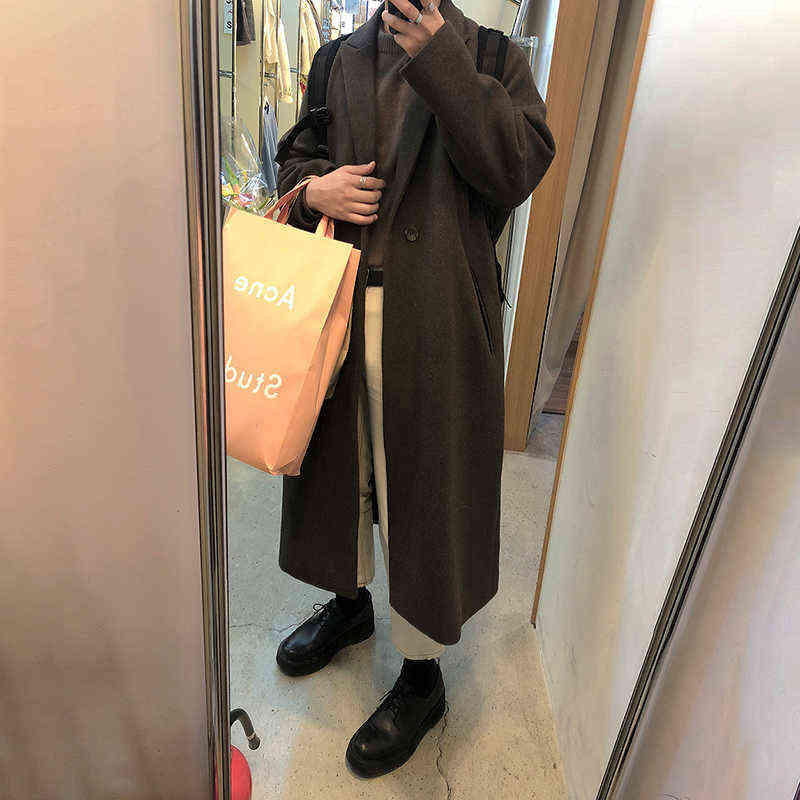 IEFB Men's Autumn Winter Thickened Woolen Coat Men's Medium Long Over The Knee Korean Single Button Overcoat With Belt 9Y5235 211122