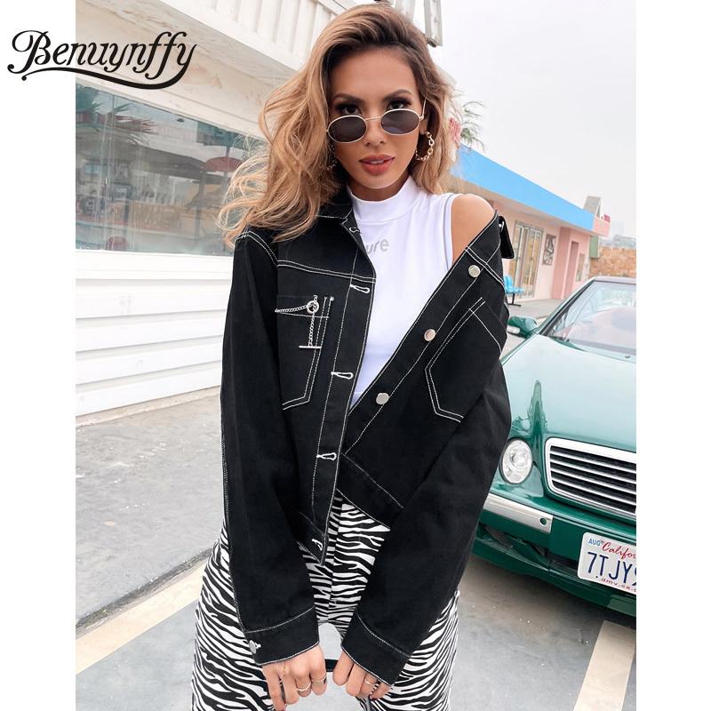Turn-down Collar Chain Pocket Black Denim Jacket Women Spring and Autumn Single Breasted Casual Outwear Jean Coats 210510