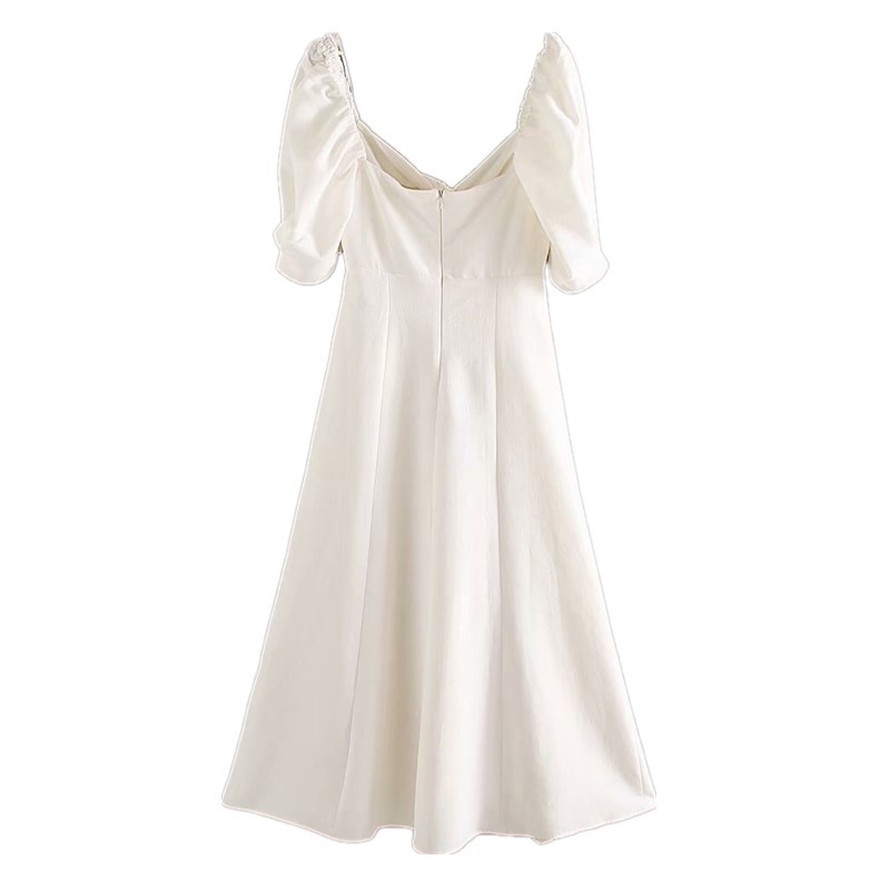 Women Vintage V neck Knik Short Puff Sleeve Dress Retro Backless Slim Waist A line Midi Long Dresses Elegant White Vestido 210429