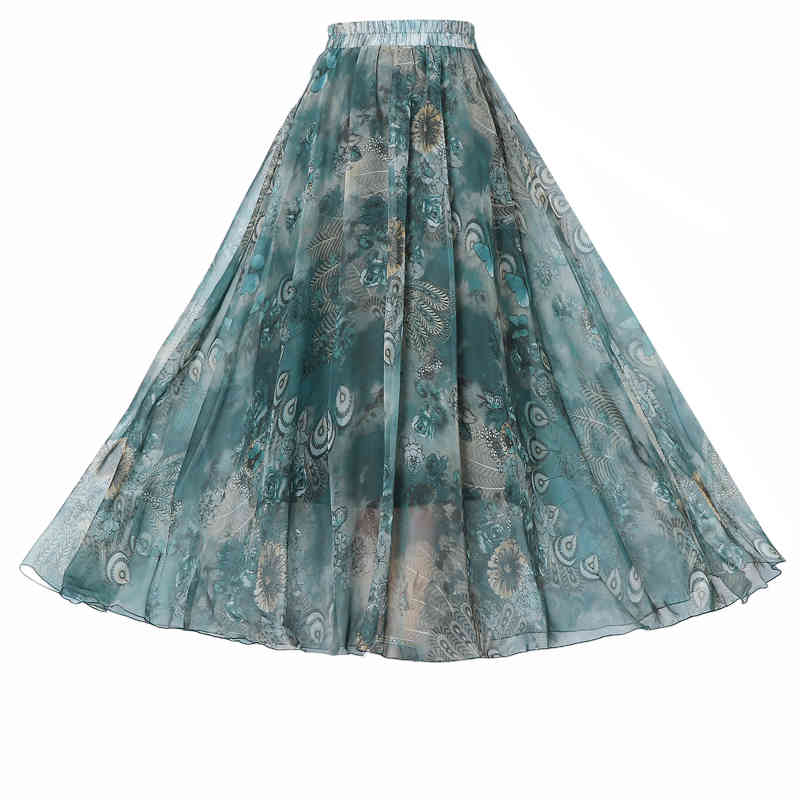 Summer High Waist A- Line Skirt Slim Fit Large Size Printed Chiffon Bohemian Holiday Big Swing 8826 50 210427