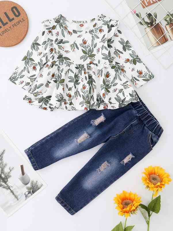 Baby Floral Print Ruffle Trim Peplum Top & Ripped Frayed Jeans SHE