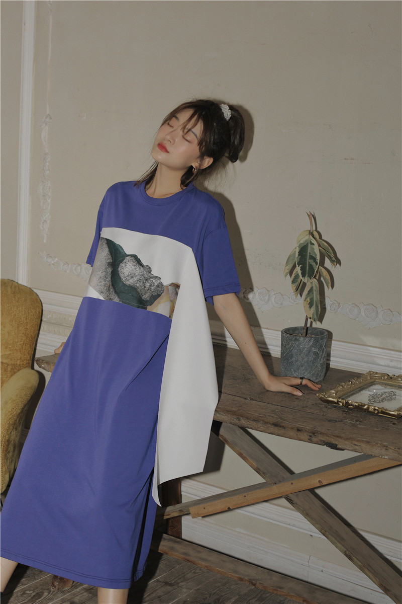 Purple Long T Shirt Dress Women Ribbon Print Short Sleeve Loose Midi Tshirt With Belt Summer Fashion 210427