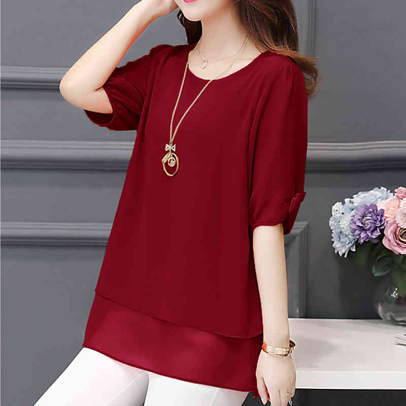 Korean Style Summer Short Sleeve Blouse Women Casual Plus Size L-5XL Chiffon Shirts for Red and Tops 3726 50 210508