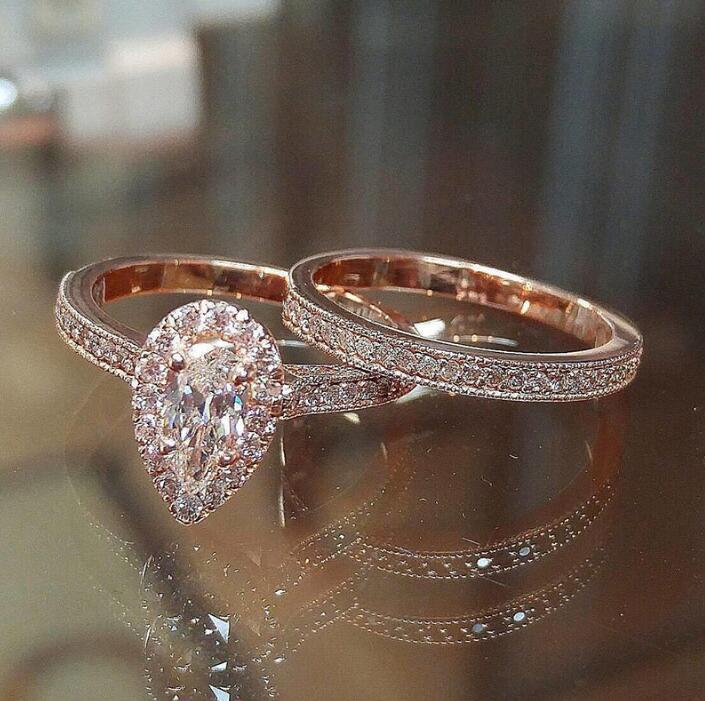 Sterling Sier Rose Gold Plated Pear Cut White Topaz Bridal Ring Set for Women Free shipping