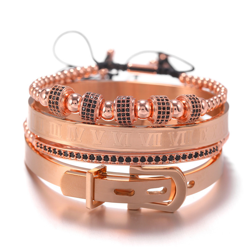 Classic Design Mens Hip Hop Copper Charm CZ Ball Beads Bracelets Roman Numerals Bangle Bracelets Male Jewelry 4PCS/Set