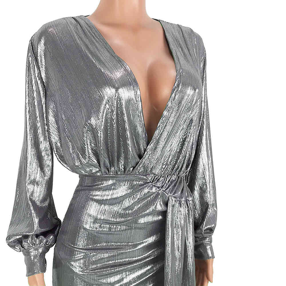 Summer Sexy Skirt Short Dress Deep V-neck es Woman Party Night Women Sequin with Long Sleeves Bodycon 210428