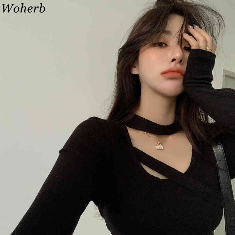 Slim Fit Basic Knitted T-shirt Women Halter Bandage Tops Long Sleeve T Shirts Korean Chic Ins Elegant Stretch Tees 210519