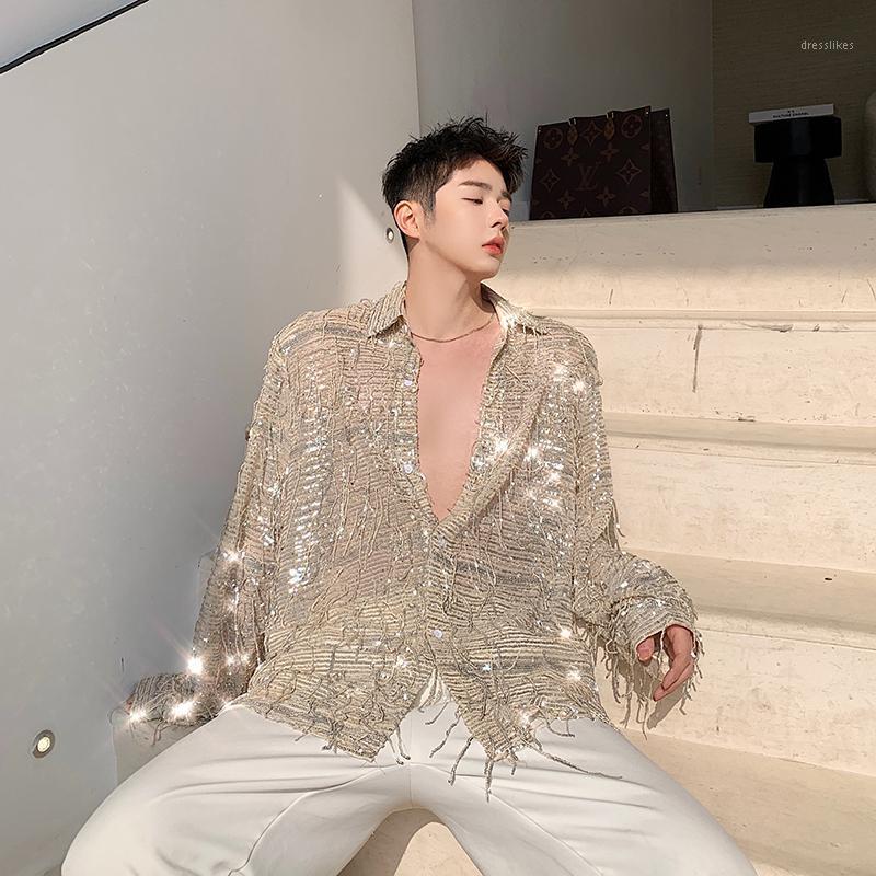 Men's Casual Shirts Men See Through Long Sleeve Tassel Sequins Shirt Male Retro Fashion Streetwear Loose Dress Stage Show Clothing, H1022 black
Men's Casual Shirts Men See Through Long Sleeve Tassel Sequins Shirt Male Retro Fashion Streetwear Loose Dress Stage Show Clothing, H1022 black