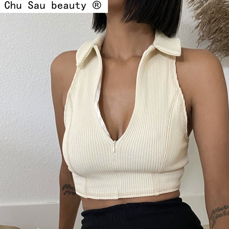 Turn-down Collar Front Zipper Tank Tops Women Sleeveless Slim Elastic Crop Knitted Cotton Lady Summer Casual 210514