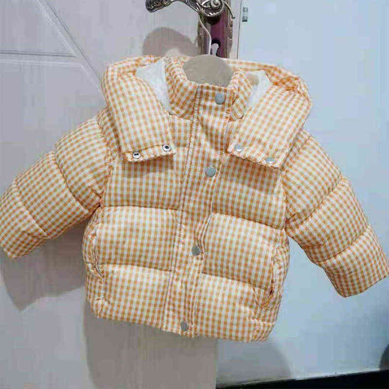 Fleece Plaid Winter Parkas Kids Jacket For Korean Boys Girls Warm Thick Velvet Children's Coat Toddler Outerwear Hooded Overcoat 211027