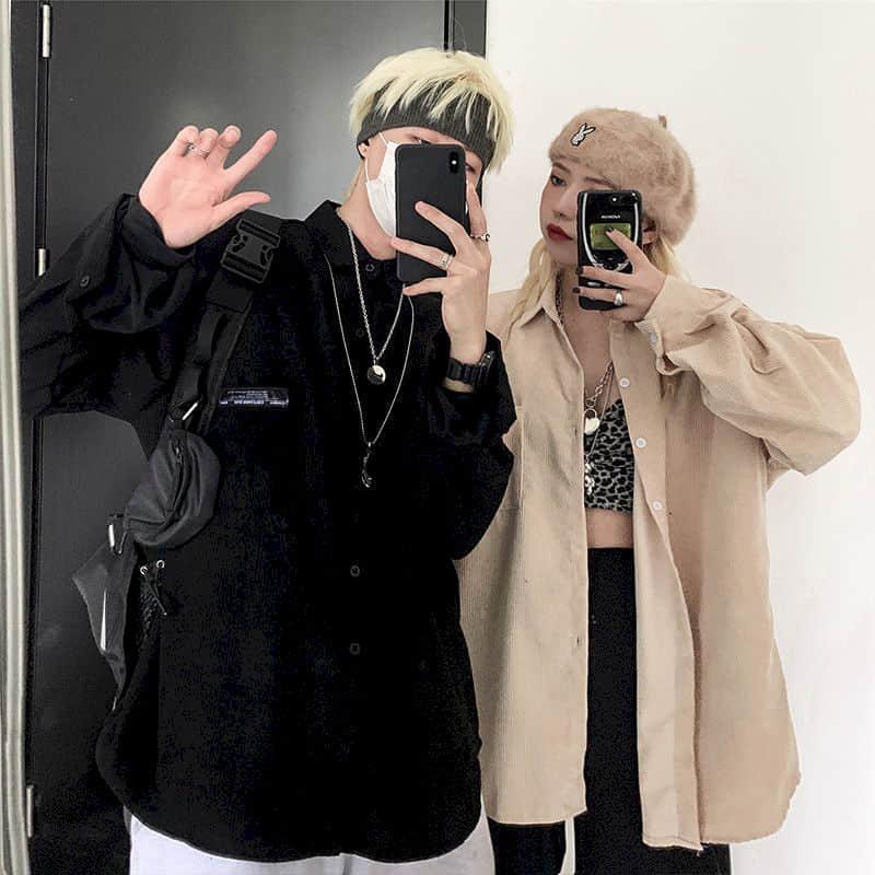Streetwear Punk Blouse Couple Shirts Women Men Clothing Corduroy Shirt Spring Autumn Long Sleeve Vintage Ins Men's Casual