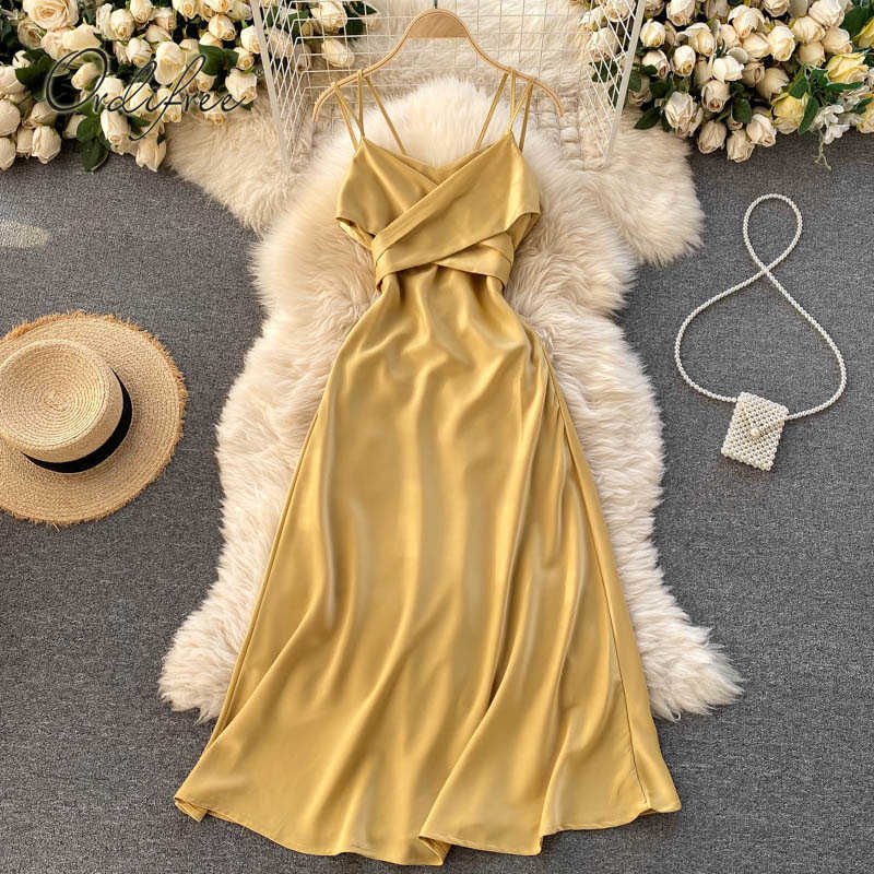 Ordifree Summer Women Satin Slip Dress Backless Spaghetti Strap Bow Tunic Belted Elegant Vacation Sexy Party Midi Dress 210630